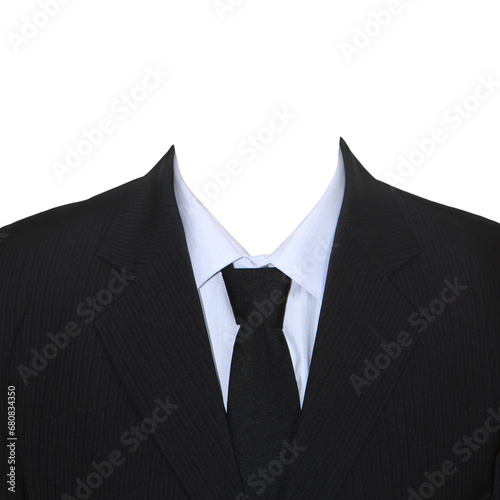 Black jacket, white shirt, black tie. No background. Men's business suit.