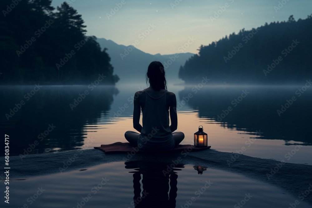 A women meditating on a lake with a cloudy sky in the background.
