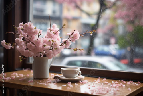 Cup of coffee on the balcony with beautiful view of blooming spring flowers