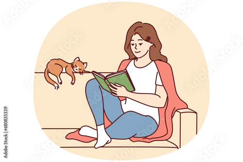 Happy young woman sit on sofa reading book with cat sleeping near. Calm relaxed girl rest on couch with novel enjoy weekend with pet. Vector illustration.
