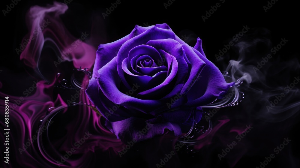 Neon purple rose with smoke on black background