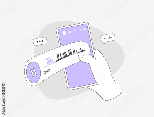 Voice Messaging Concept. Voice chat messaging, receive event notifications. Hand holding mobile phone with social network and sound wave voice message. Vector illustration isolated on white background