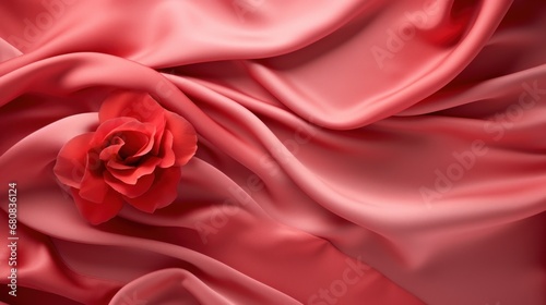 Red flowers and petals on pink tixtile background