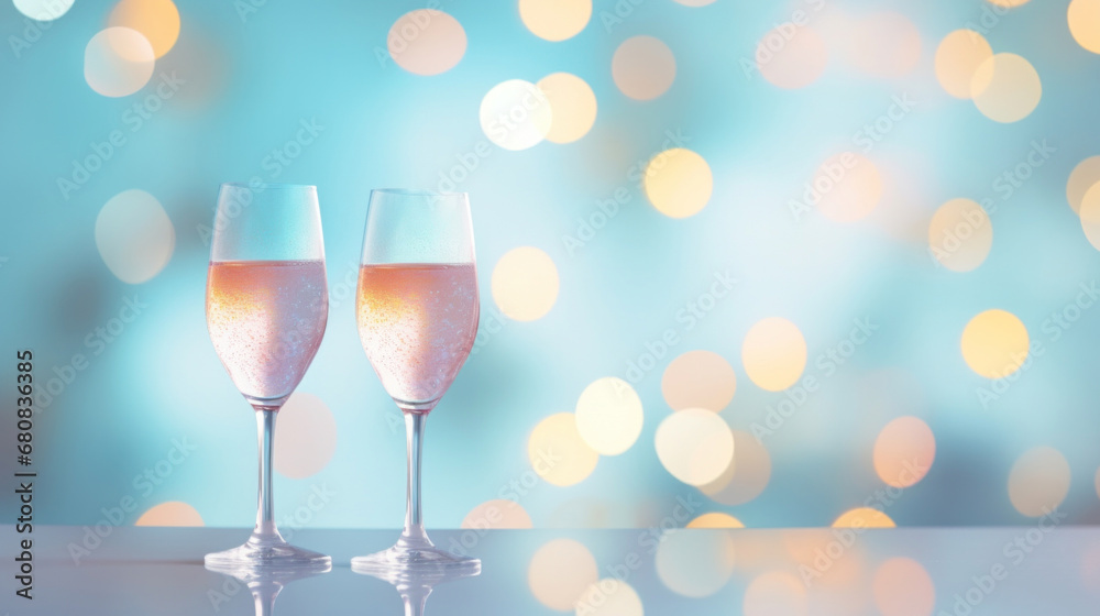 A two glass of sparkling wine on a soft pastel colorful bokeh background A two glass of sparkling wine on a soft pastel colorful bokeh background
