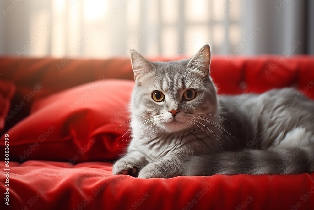 A gray cat with yellow eyes is lying on a red couch. The cat is on its back, with its paws outstretched in the air. The cat's fur is soft and fluffy, and it has a white chest and paws.