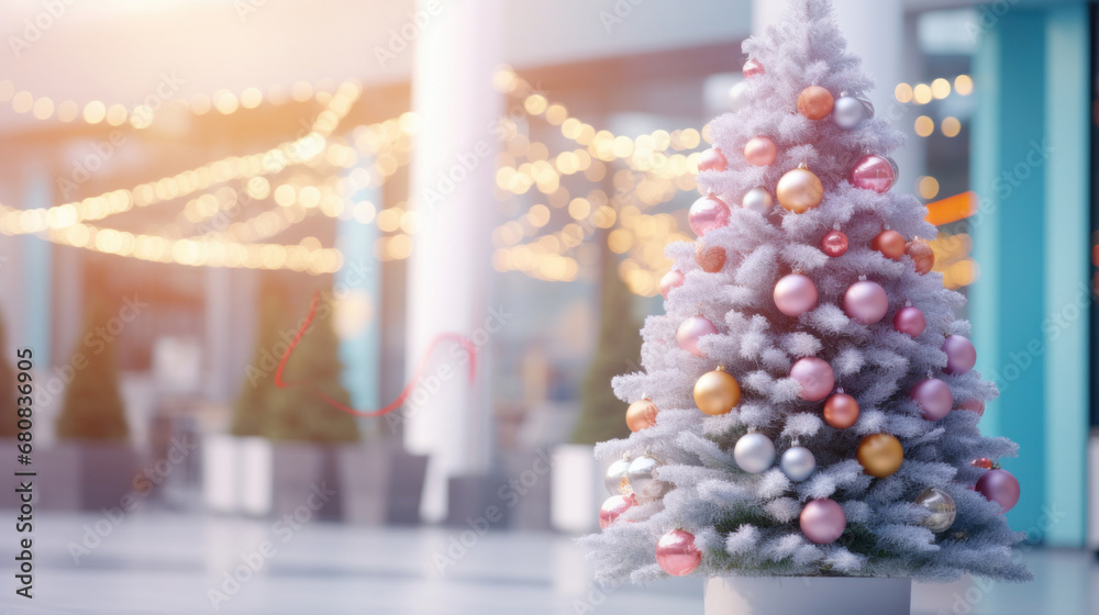 Christmas tree in front of a blurry shopping mall with people Christmas tree in front of a blurry shopping mall with people