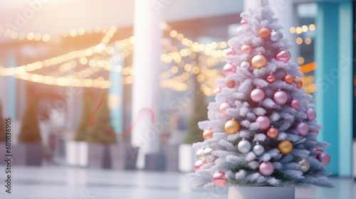 Christmas tree in front of a blurry shopping mall with people