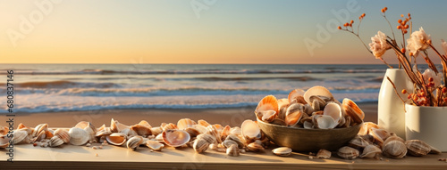 Wide photo of beautiful white and brown color sea shells and pebbles on beach sand © Sudarshana