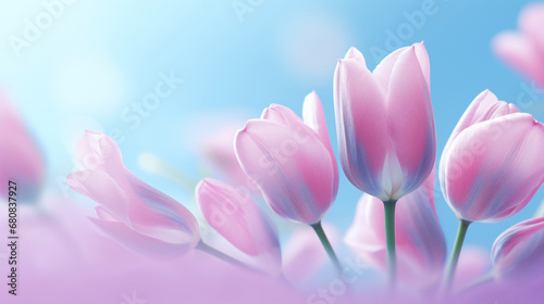 Pink tulips on blue background