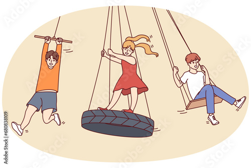 Happy children have fun riding on swings outdoors. Smiling kids enjoy summer leisure activity on street. Childhood concept. Vector illustration.
