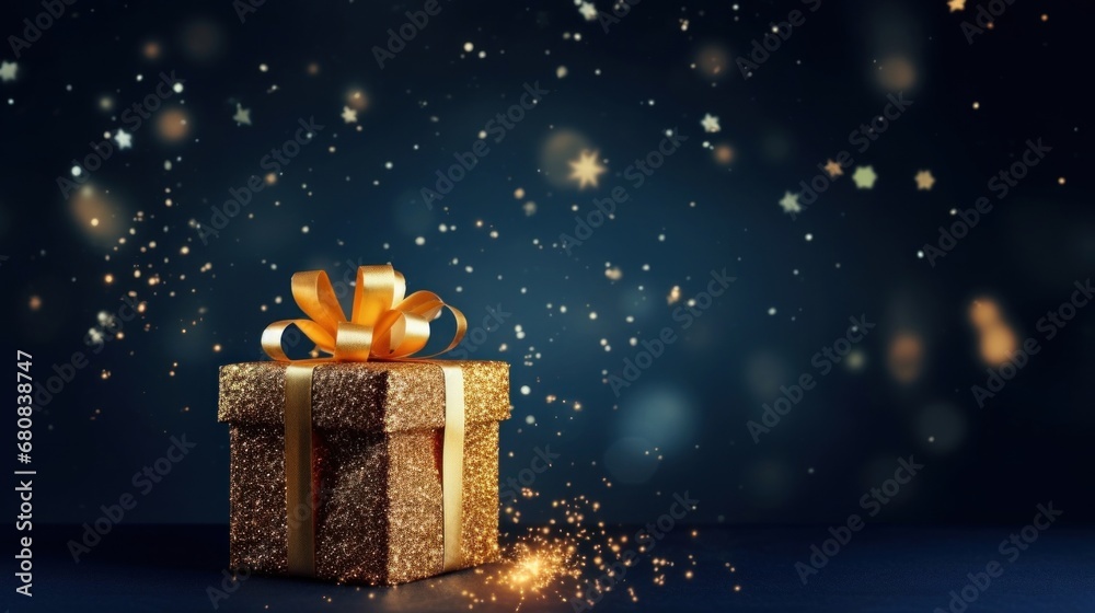 Golden gift present on a light dark blue background with colorful bokeh and stars glittering Golden gift present on a light dark blue background with colorful bokeh and stars glittering