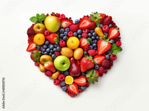 Heart shape made of different fruits and berries on white background