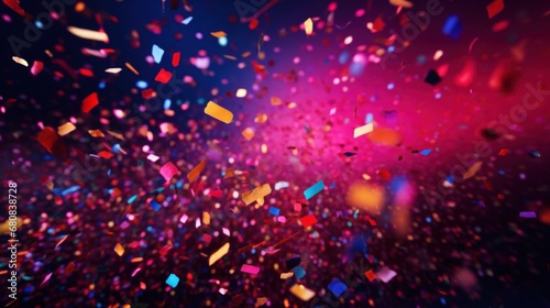 A festive and colorful party with flying neon confetti on a purple, red and blue background