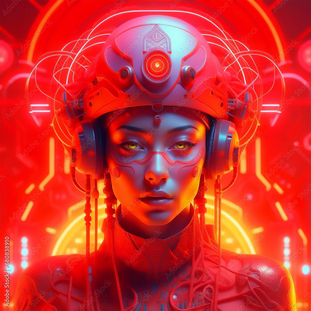Cyber girl on a red background