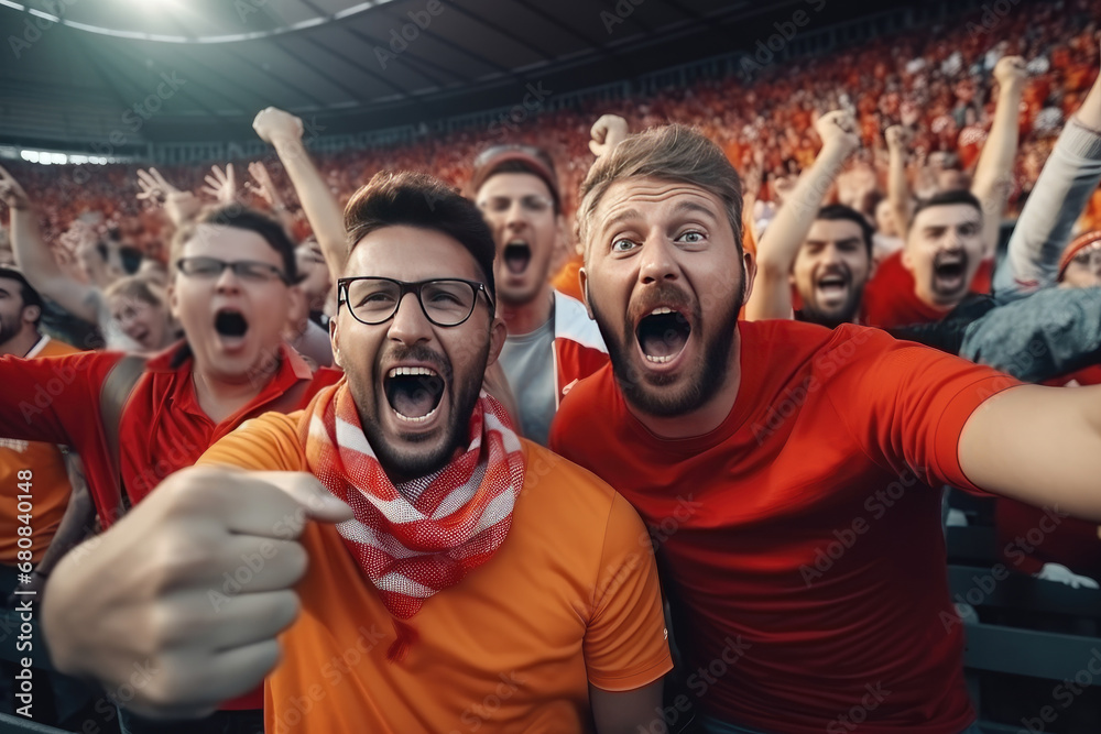 Men fans in the stands rejoice at the victory of their favorite football team