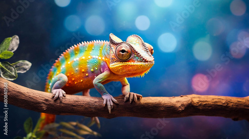 Close-up of a colorful chameleon on the branch with a bokeh background.