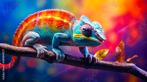 Close-up of a colorful chameleon on the branch with a bokeh background. photo