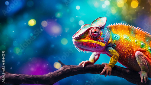 Close-up of a colorful chameleon on the branch with a bokeh background.