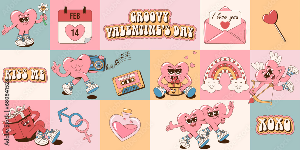 Retro groovy Happy Valentine's Day geometric pattern for greeting cards, posters, wrapping, pack paper. Cartoon romantic 60s, 70s vintage vector illustration.