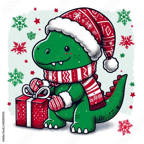 christmas card with Dinosaur Santa claus