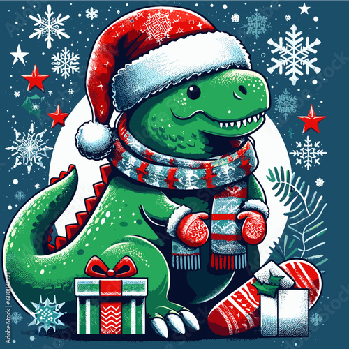 Dinosaur santa claus and gifts