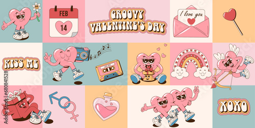 Retro groovy Happy Valentine's Day geometric pattern for greeting cards, posters, wrapping, pack paper. Cartoon romantic 60s, 70s vintage vector illustration.