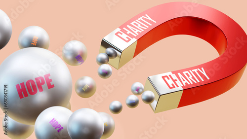 Charity which brings Hope. A magnet metaphor in which charity attracts multiple parts of hope. Cause and effect relation between charity and hope.,3d illustration