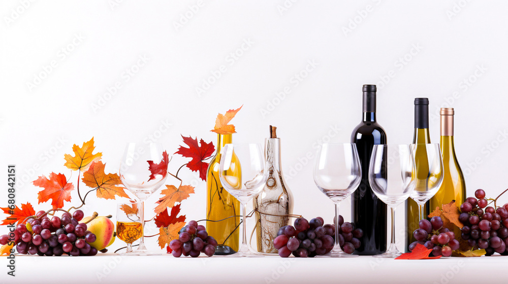 Wine bottles still life - compositions of different sized bottles and glasses with decorative elements. Photo for menus or websites.