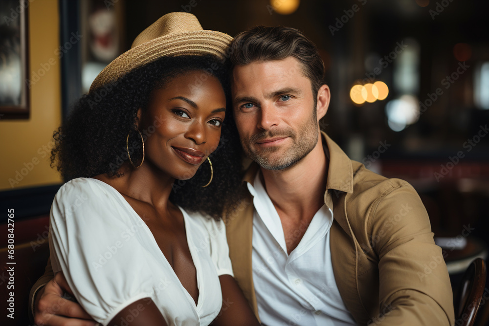 Stylish beautiful loving multiracial couple hugging in a cafe. Happy African American woman with Caucasian man indoors Stylish beautiful loving multiracial couple hugging in a cafe. Happy African American woman with Caucasian man indoors