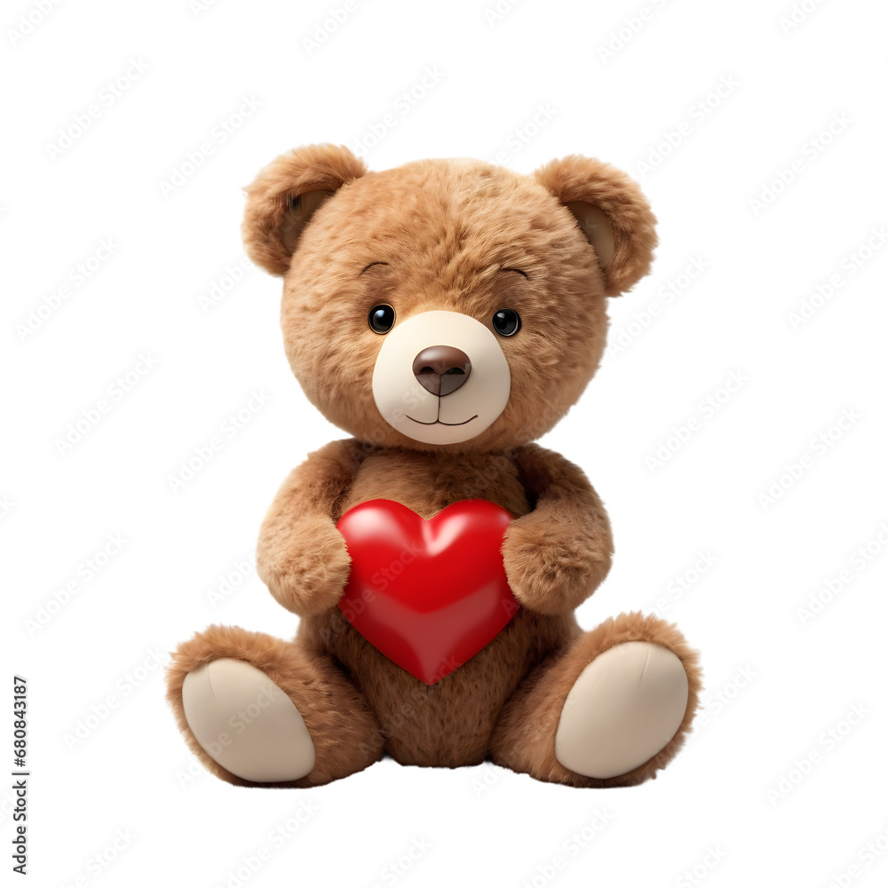 Adorable Teddy Bear Holding a Shiny Red Heart, Symbolizing Love and Affection, Perfect Valentine's Day Gift or Romantic Gesture on Transparent Background