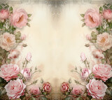 A background of pink roses on a parchment canvas with room for text
