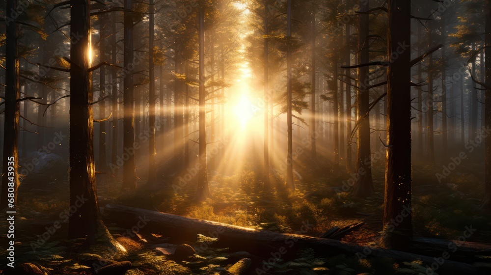 Fototapeta premium Forest Tree with Sunlight Beaming Through