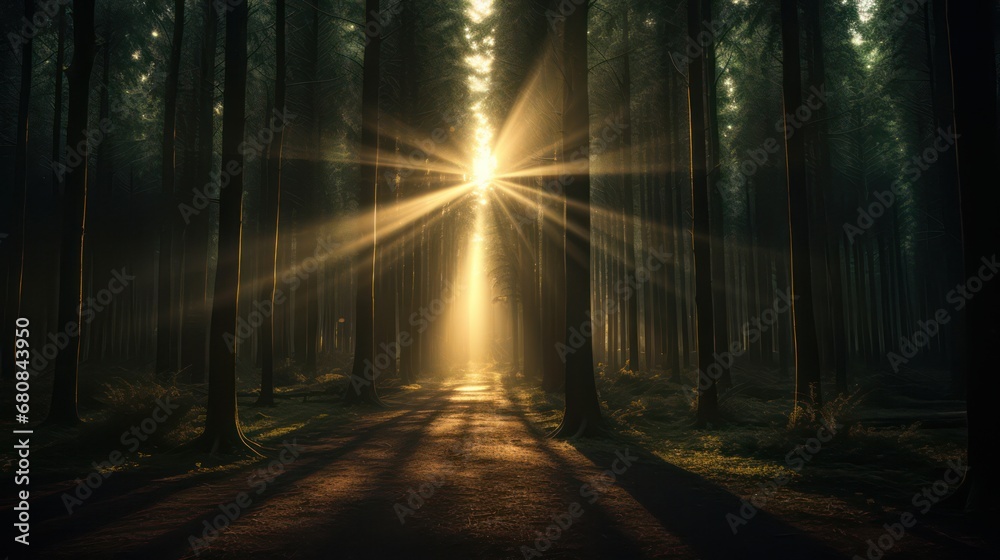 Fototapeta premium Forest Tree with Sunlight Beaming Through