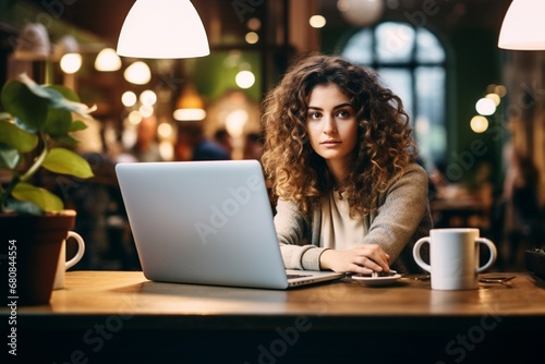 Young woman engrossed in her laptop work, sitting at a cafe table, looking confidently into the camera.