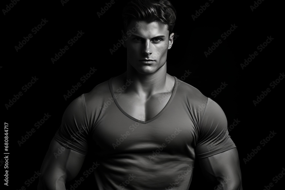 Attractive Athletic Young Man Flexing Muscles on Monochrome Background - Fitness and Gym Concept