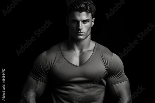 Attractive Athletic Young Man Flexing Muscles on Monochrome Background - Fitness and Gym Concept photo