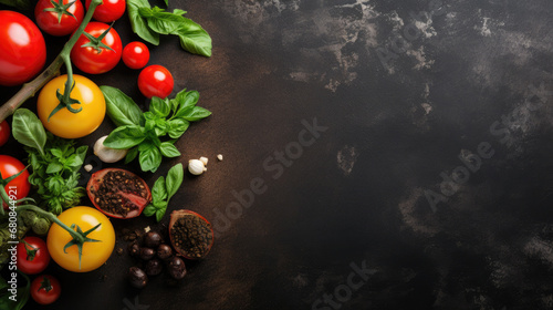 Italian food ingredients on dark background .Food ingredients for italian pasta, spaghetti on black stone slate background. Copy space of your text. Banner.