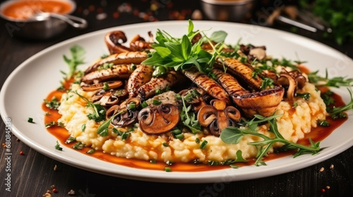Italian food concept. Risotto with seafood, mussels, octopuses, squid. Serving dishes in a white plate.