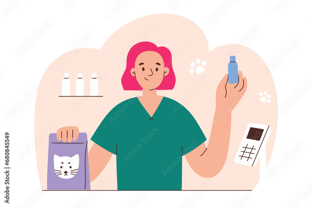 Pet products store hand drawn composition, pharmacy in vet clinic, vector illustration for pets equipment store, female veterinarian selling medicine, dog and cat food, domestic animals nutrition Pet products store hand drawn composition, pharmacy in vet clinic, vector illustration for pets equipment store, female veterinarian selling medicine, dog and cat food, domestic animals nutrition