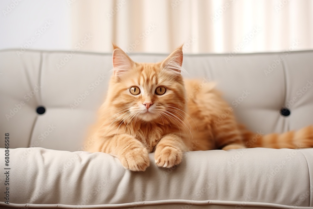 Enchanting close-up photo of a fluffy white cat with big, blue eyes sitting on a blue couch and holding a pink ball in its paws