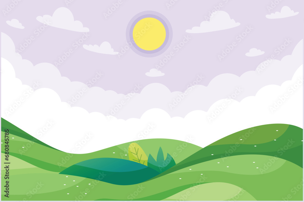 Fototapeta premium Landscape with mountain, grass, trees, and clouds. Nature concept. Colored flat vector illustration isolated.