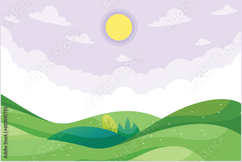 Landscape with mountain  grass  trees  and clouds. Nature concept. Colored flat vector illustration isolated.