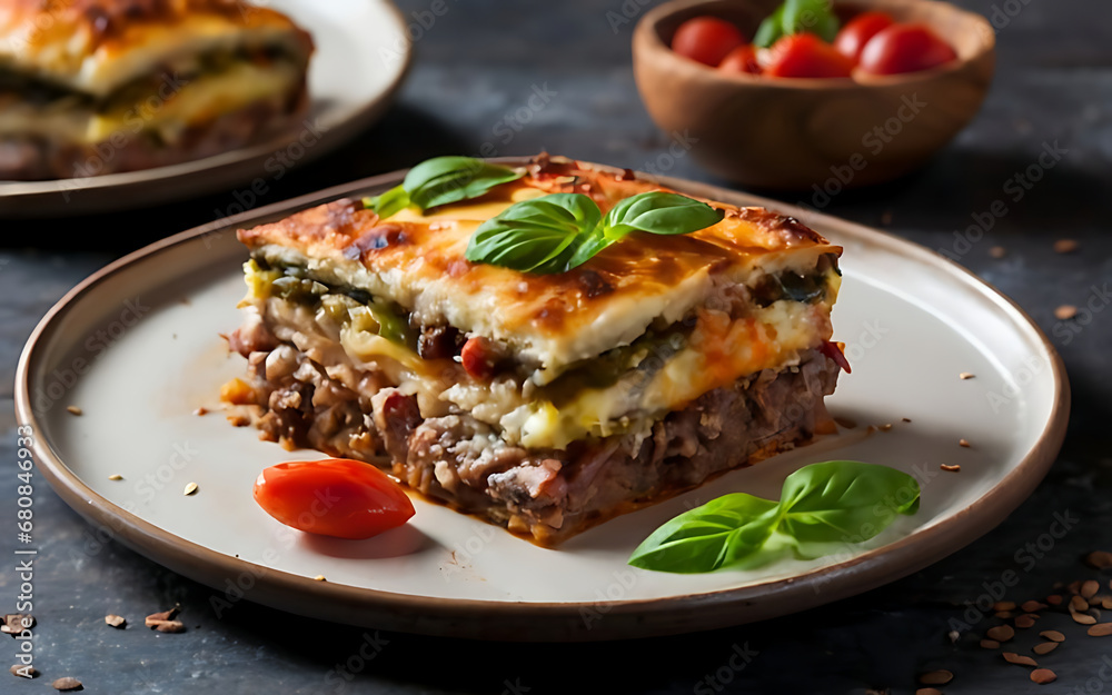 Capture the essence of Moussaka in a mouthwatering food photography shot Generative AI Capture the essence of Moussaka in a mouthwatering food photography shot Generative AI