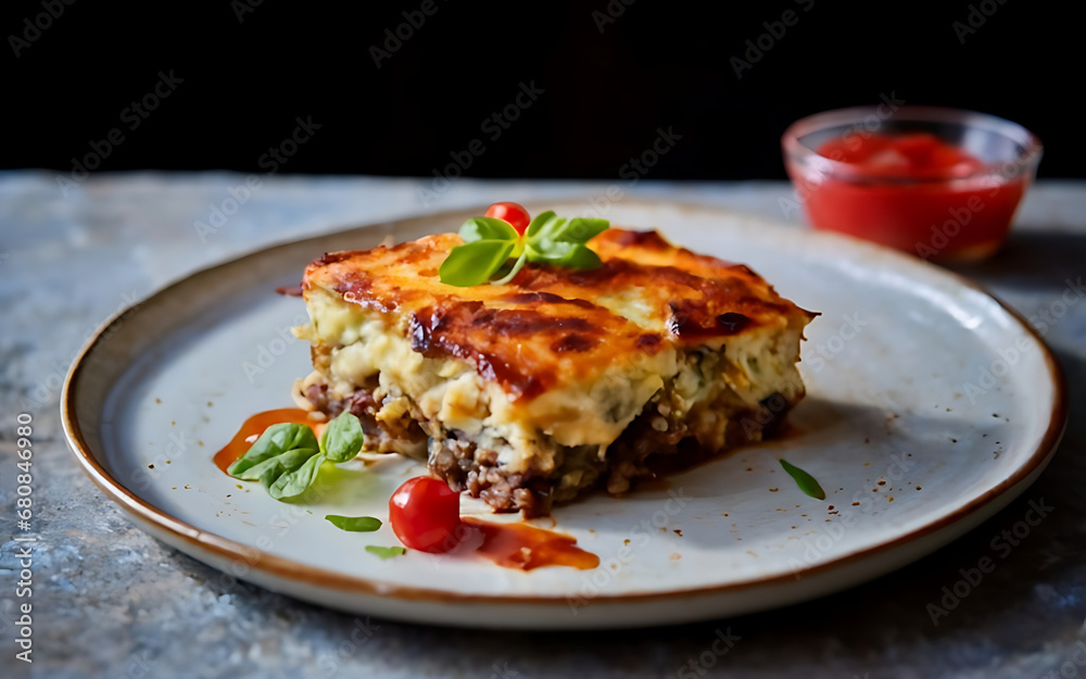 Capture the essence of Moussaka in a mouthwatering food photography shot Generative AI Capture the essence of Moussaka in a mouthwatering food photography shot Generative AI