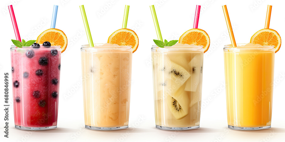 Set of fruit smoothies fruits orange juice straw drink in cups isolated on white background - obrazy, fototapety, plakaty 