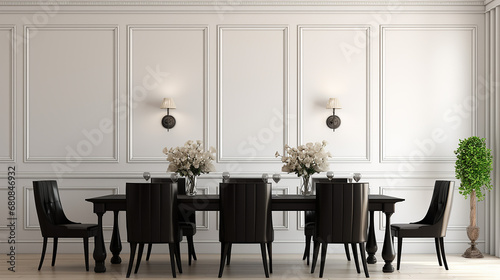 black chairs and wooden dining table against of class