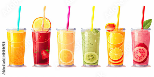Set of fruit smoothies fruits orange juice straw drink in cups isolated on white background