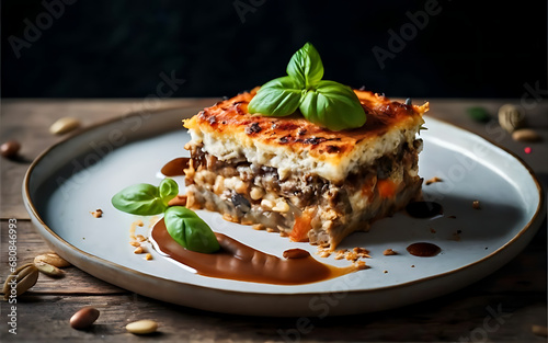 Capture the essence of Moussaka in a mouthwatering food photography shot Generative AI