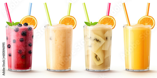 Set of fruit smoothies fruits orange juice straw drink in cups isolated on white background photo