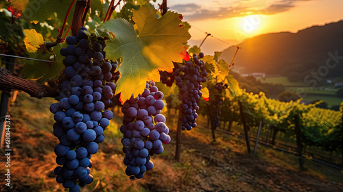 Ripe grapes in vineyard at sunset, Beautiful sunset over Tuscan vineyards.